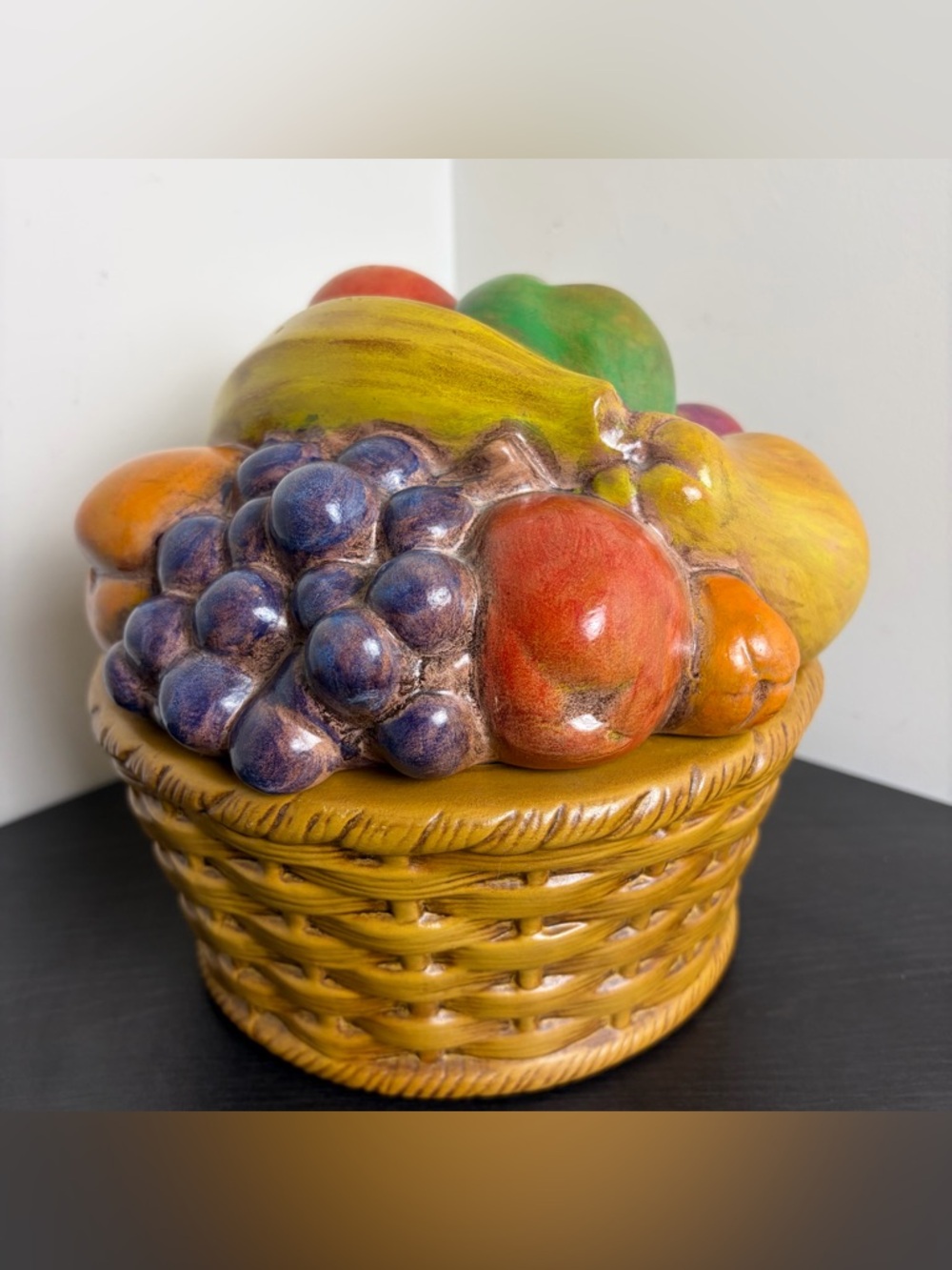 Vintage Ceramic Fruit Basket Cookie Jar Hand Painted Autumn Harvest Farmhouse